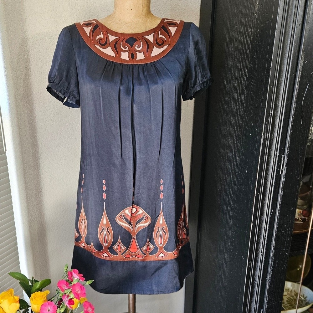 Banana Republic Silk Shift Dress Art Deco Border Print Black XS